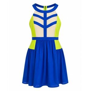 DejaVu Neon Fit & Flare Halter Mini Dress Women Size M Blue Green Good Geometric